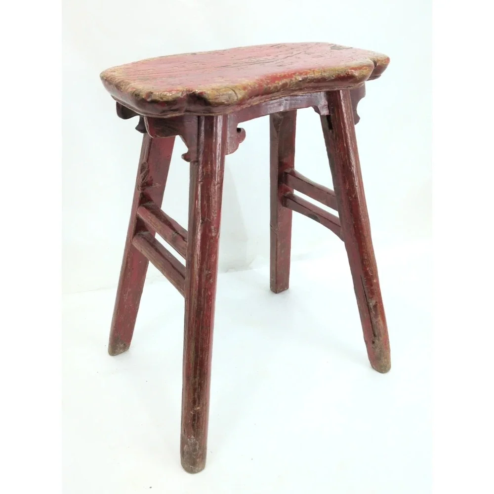 Antique Chinese Elm Red Painted Stool Chair Primitive 1900 Mortise Tenon Bench
